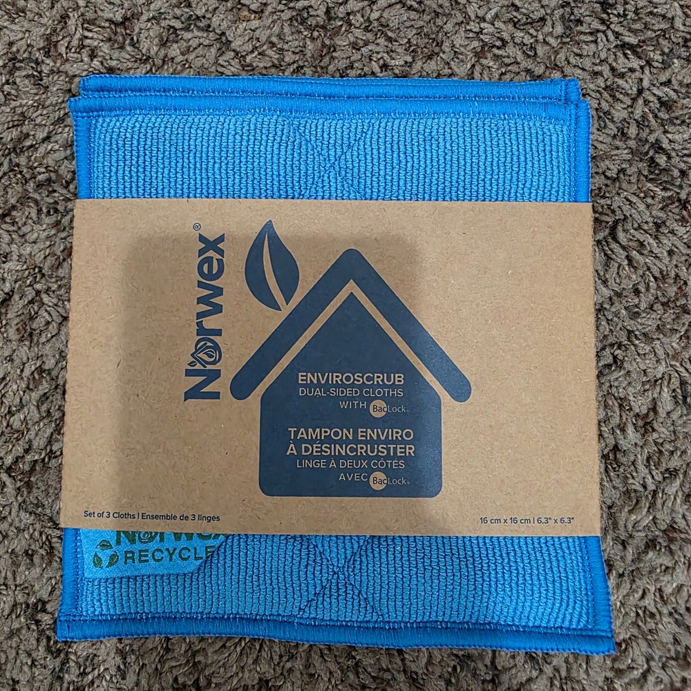 Norwex EnviroScrub 3pc Set Turquoise Blue Dual Sided Recycled Microfiber BacLock